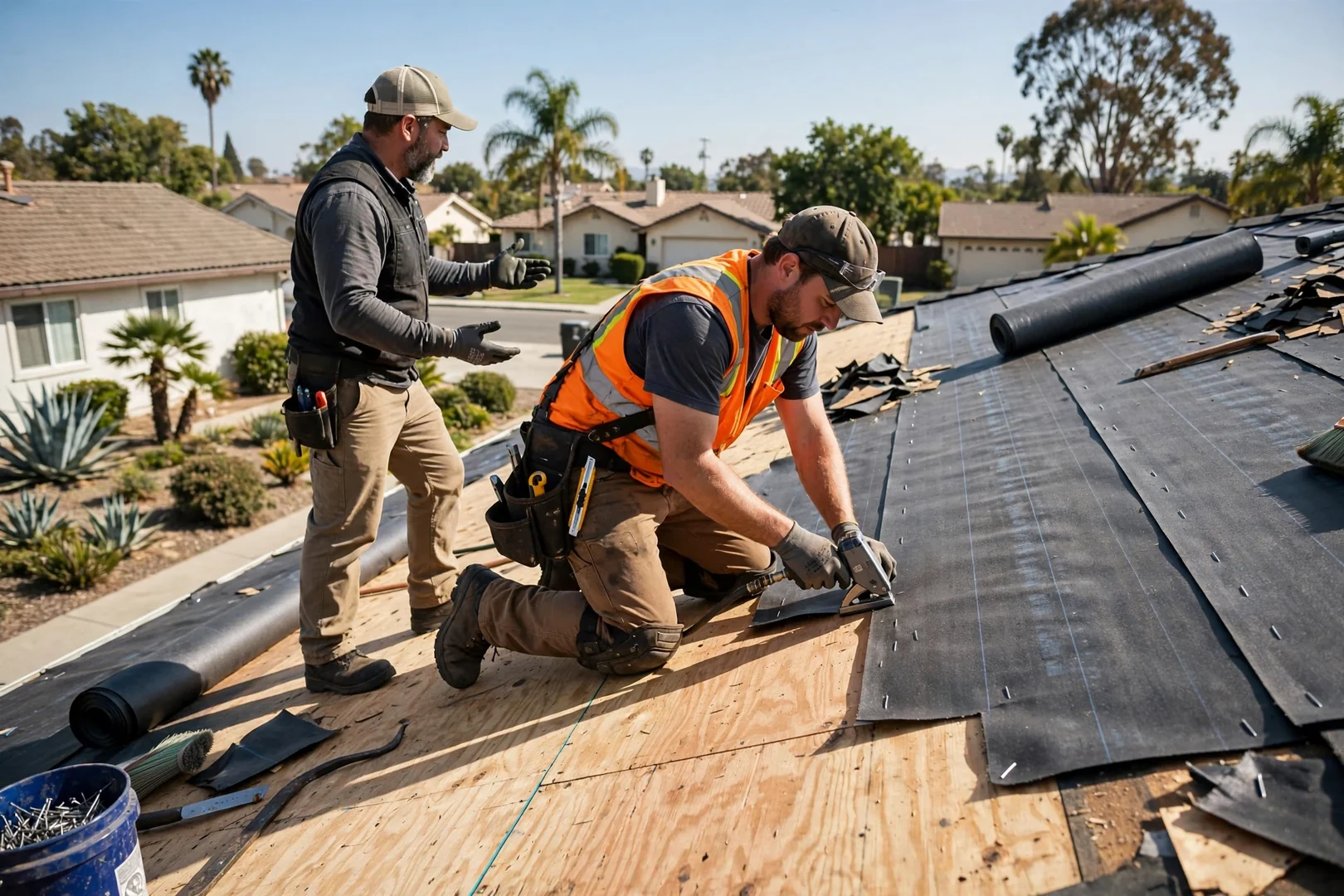 Exposed plywood decking and synthetic underlayment partway through a roof replacement