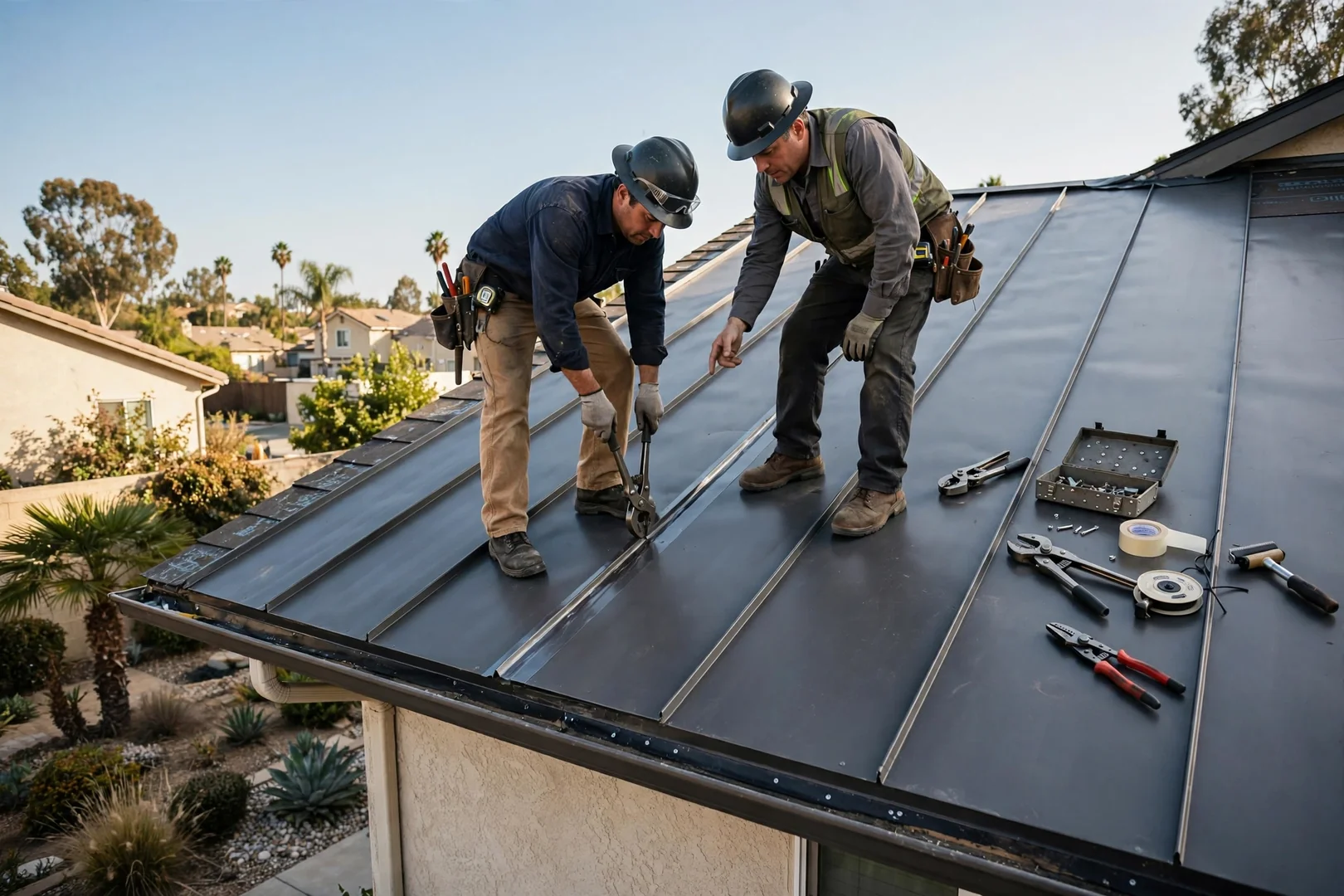 Standing seam metal panels being set on a residential roof with seaming tools nearby