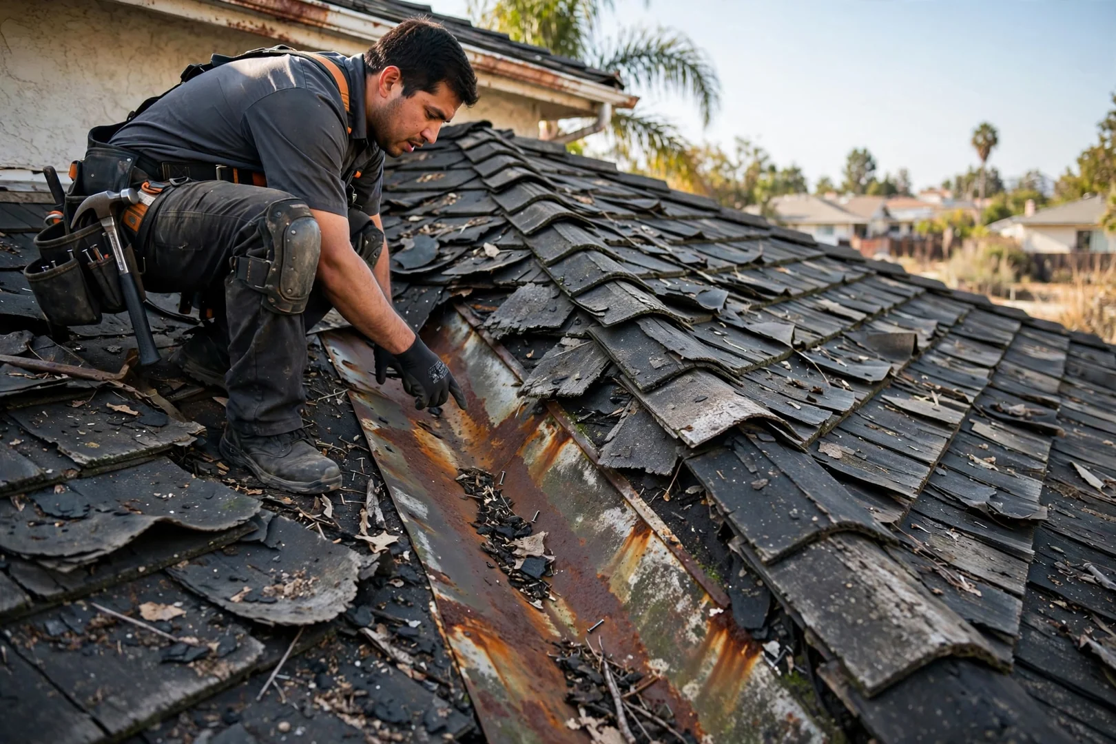 Worn curling shingles and rusted valley metal on a roof before replacement begins