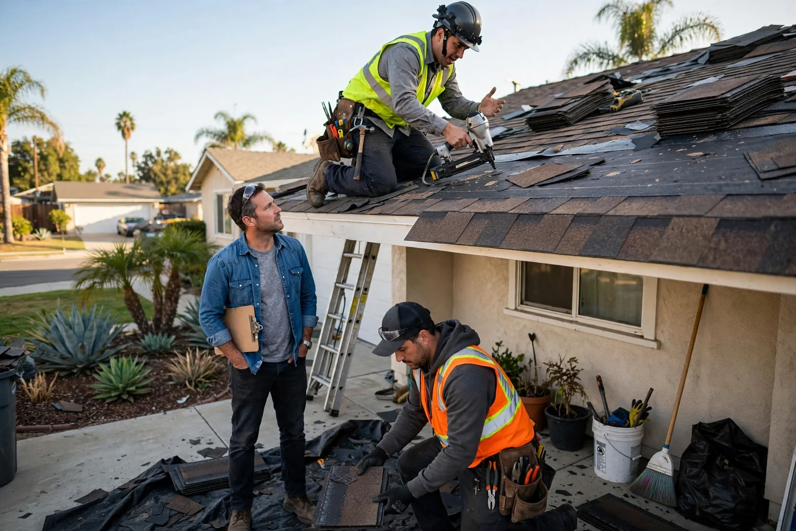 Roofing crew reviewing shingle layout on La Palma home