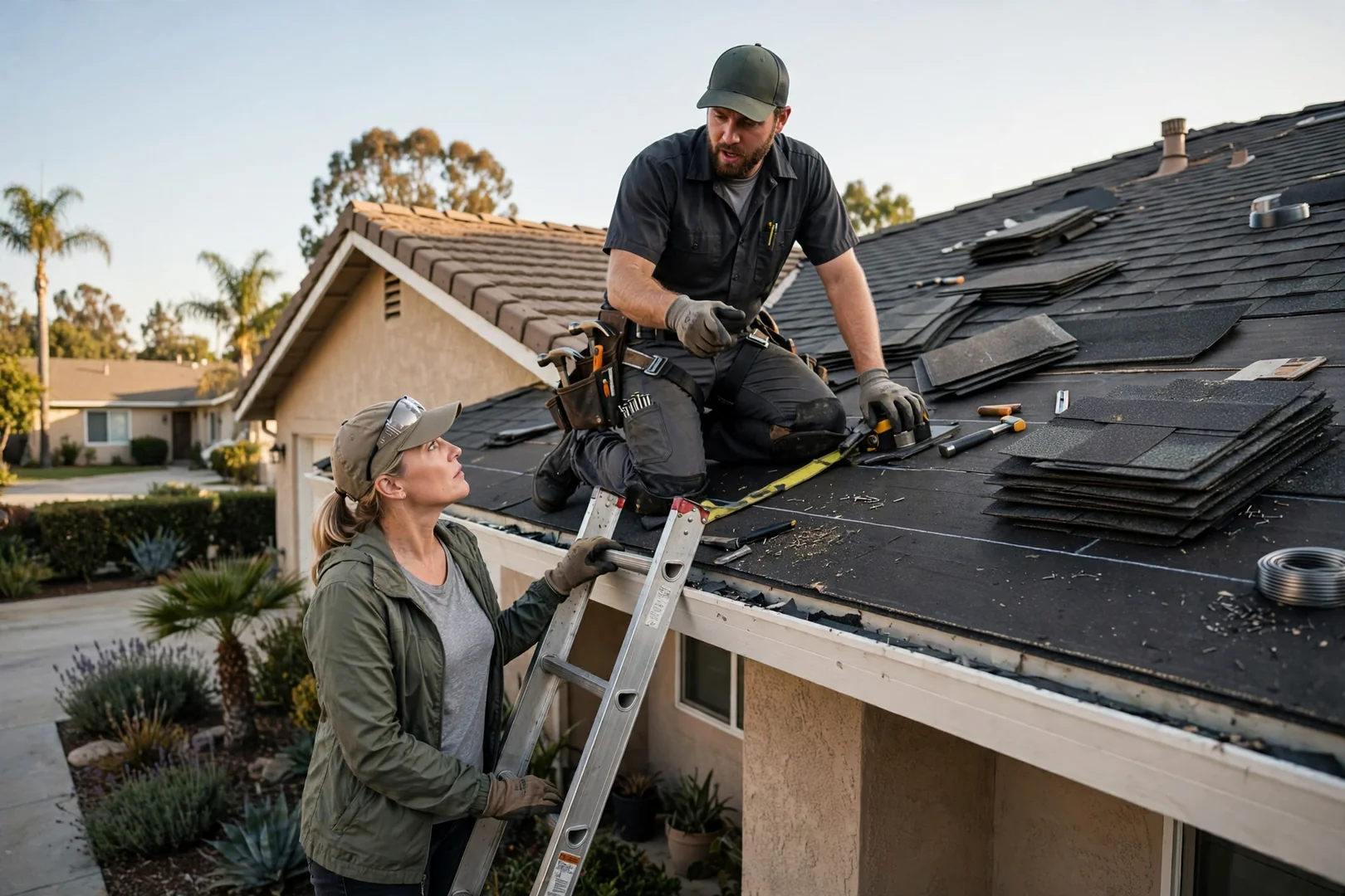 Roofing crew reviewing shingle layout and flashing details on a residential La Palma roof