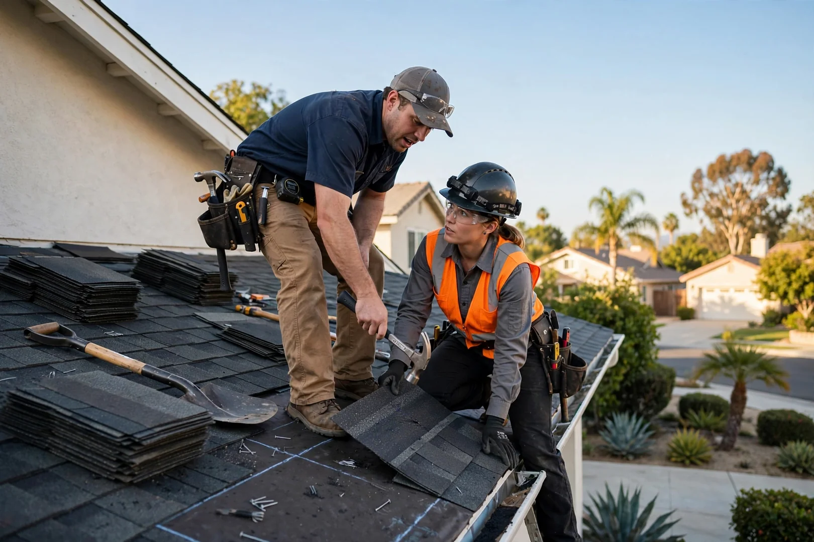 Roofing crew loading shingle bundles onto a suburban home roof in La Palma