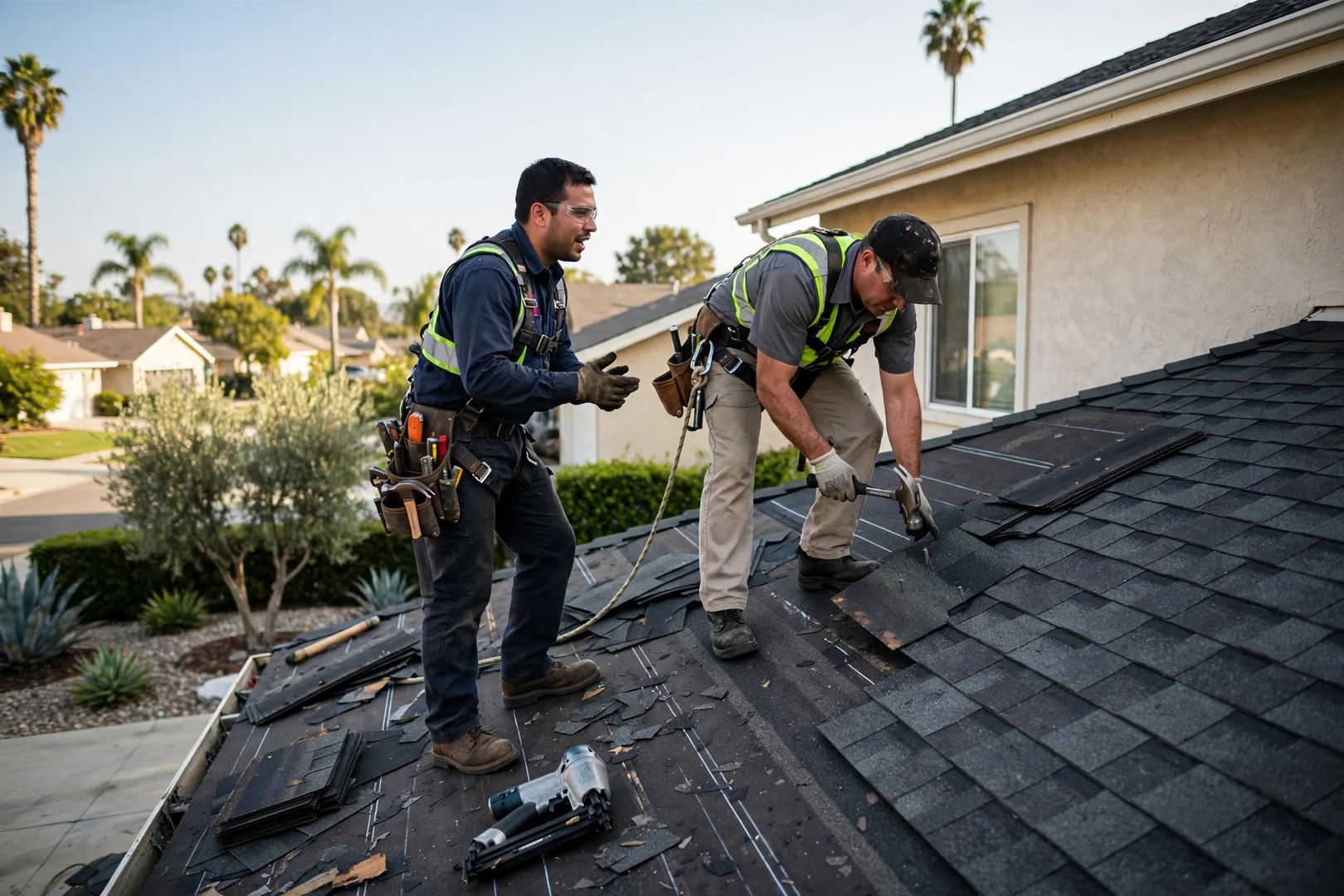 Roofing crew reviewing completed shingle installation with homeowner outside a La Palma home