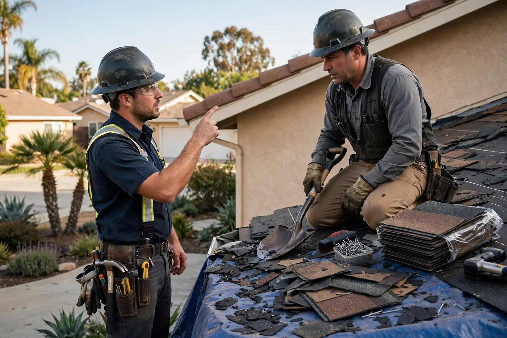 Homeowner and roofing contractor going over a written roof estimate
