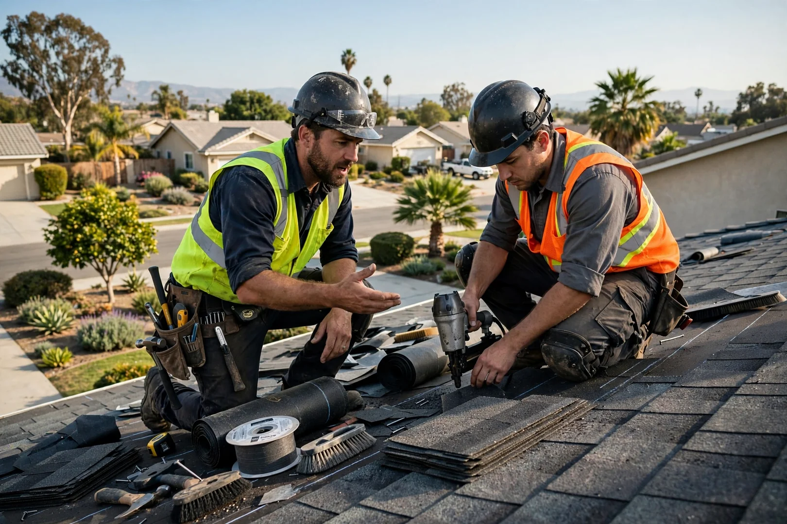 Roofer using a moisture meter on tile roofing above a La Palma home