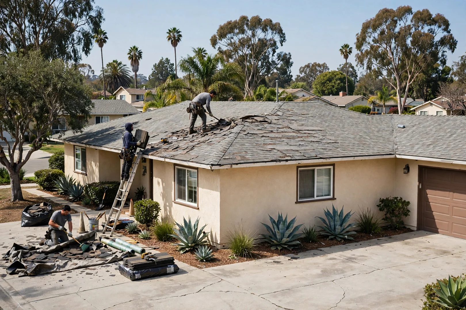Aging asphalt shingle roof on a suburban home with faded uneven shingle courses