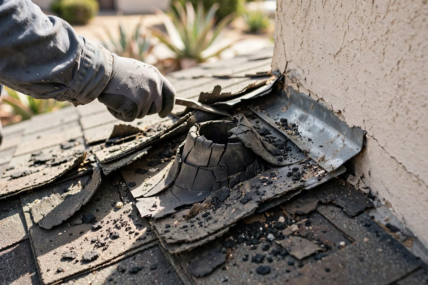 Close-up of curled shingles and separated flashing along a stucco sidewall
