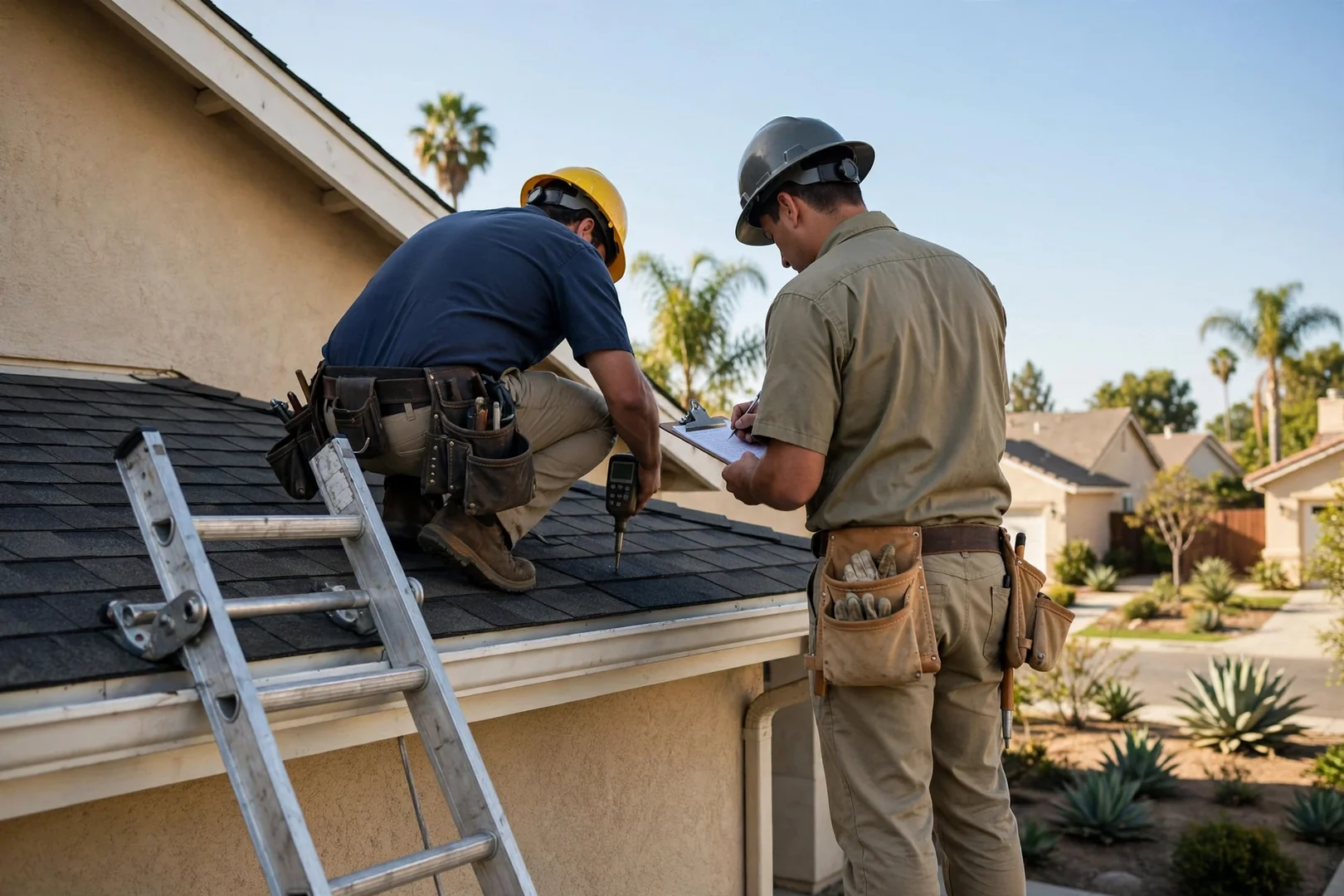 Roofing technicians inspecting shingles and documenting conditions during a residential roof evaluation