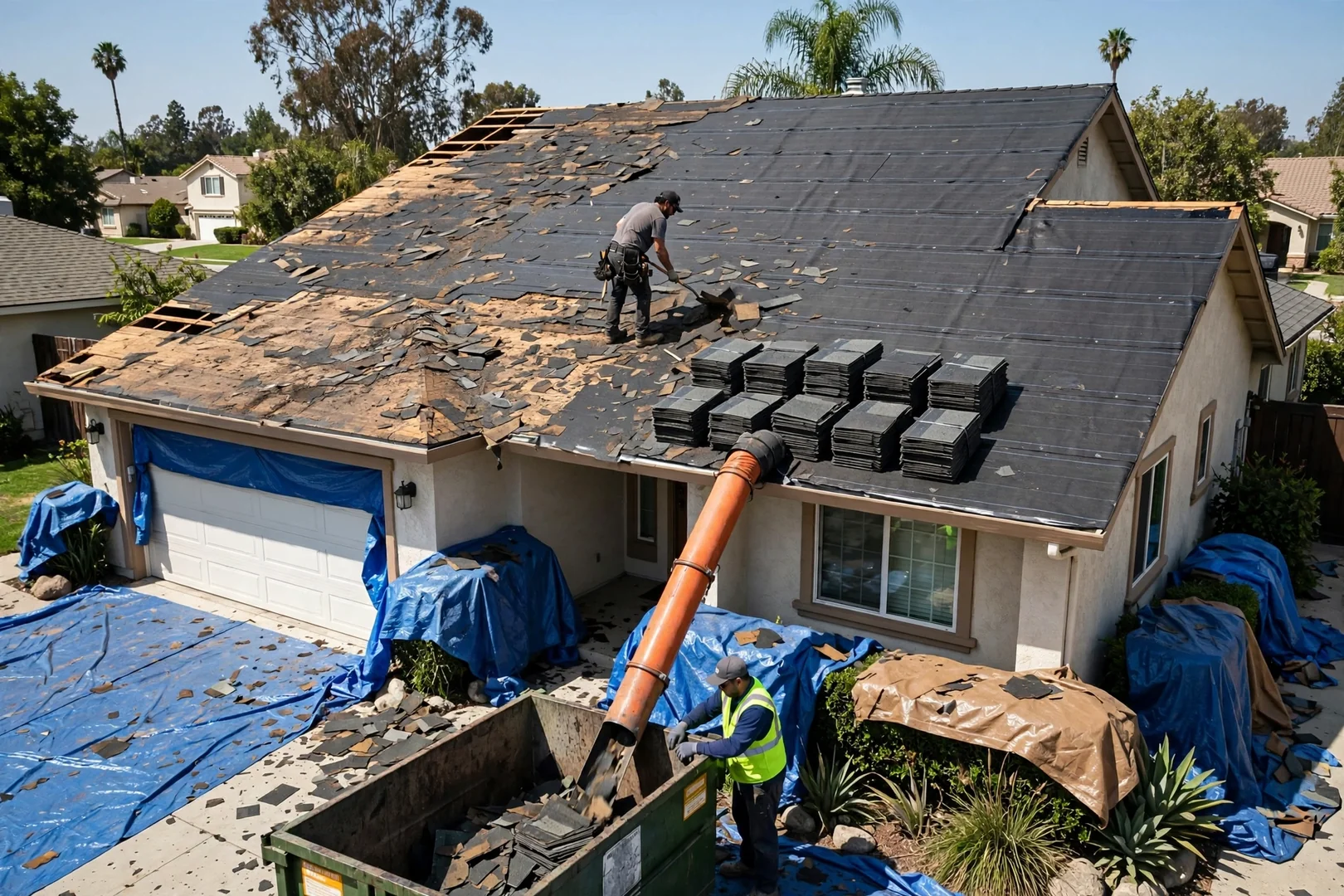 Roof replacement in progress with underlayment installed and shingle bundles staged on the deck