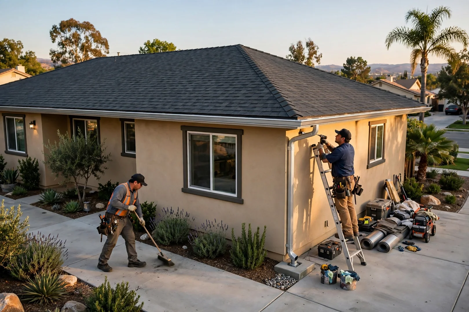 Finished roof and new seamless gutters improving curb appeal on a tidy neighborhood home