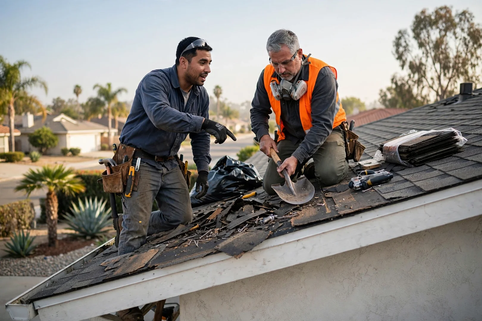 Roofer inspecting shingles and flashing on a La Palma home after a rainstorm
