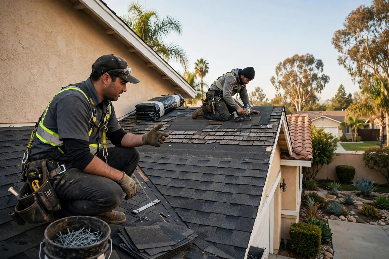 Roofing safety harness, nail gun, and flashing tools arranged neatly on a work tarp