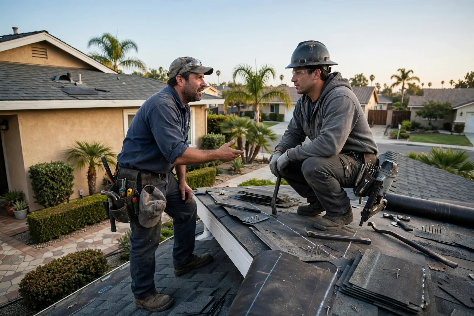 Roofer checking underlayment and flashing during a roof replacement in La Palma