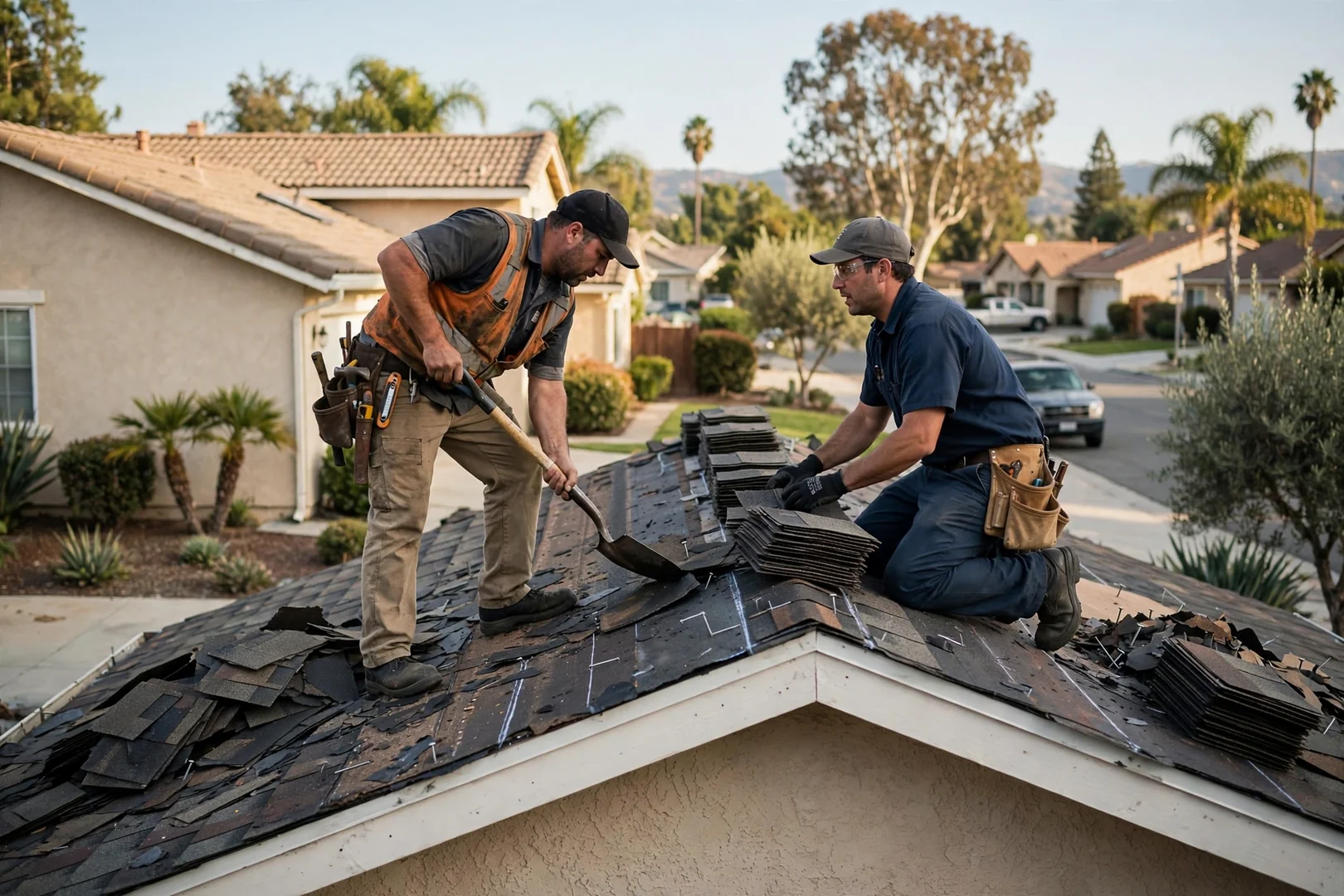 Roofer reviewing storm damaged shingles while preparing a written repair estimate in La Palma