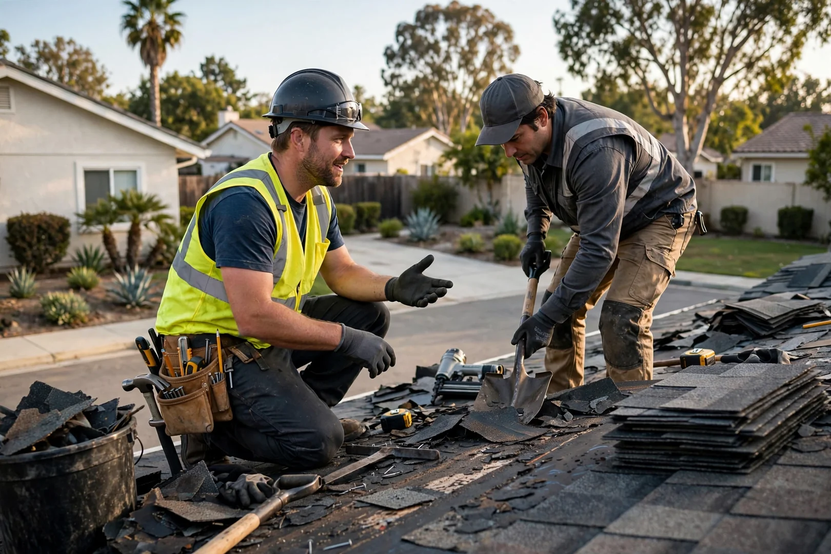 Roofer replacing wind-damaged shingles and flashing on a La Palma home after a storm