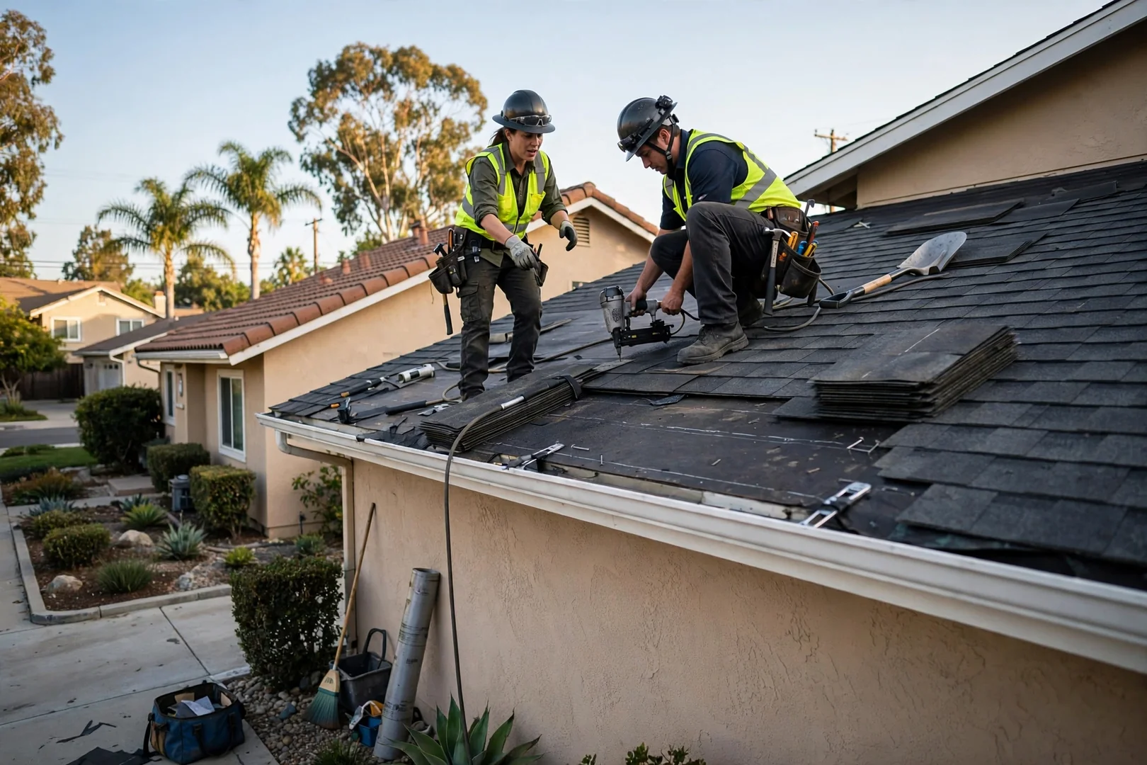 Close view of lifted shingles and damaged flashing showing storm wear on a residential roof