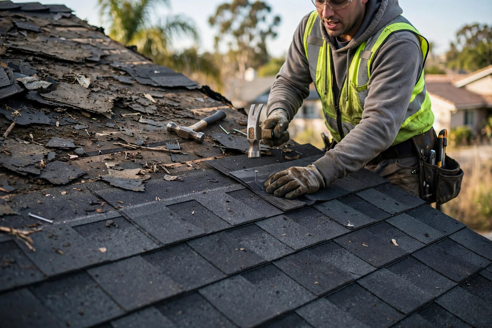Close-up of replacement architectural shingles blended into a storm damaged roof slope