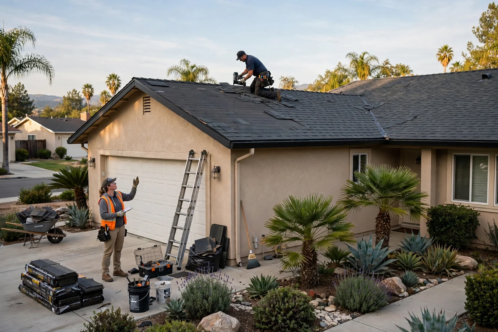 Wide shot of a single-story La Palma home with a freshly repaired roof section