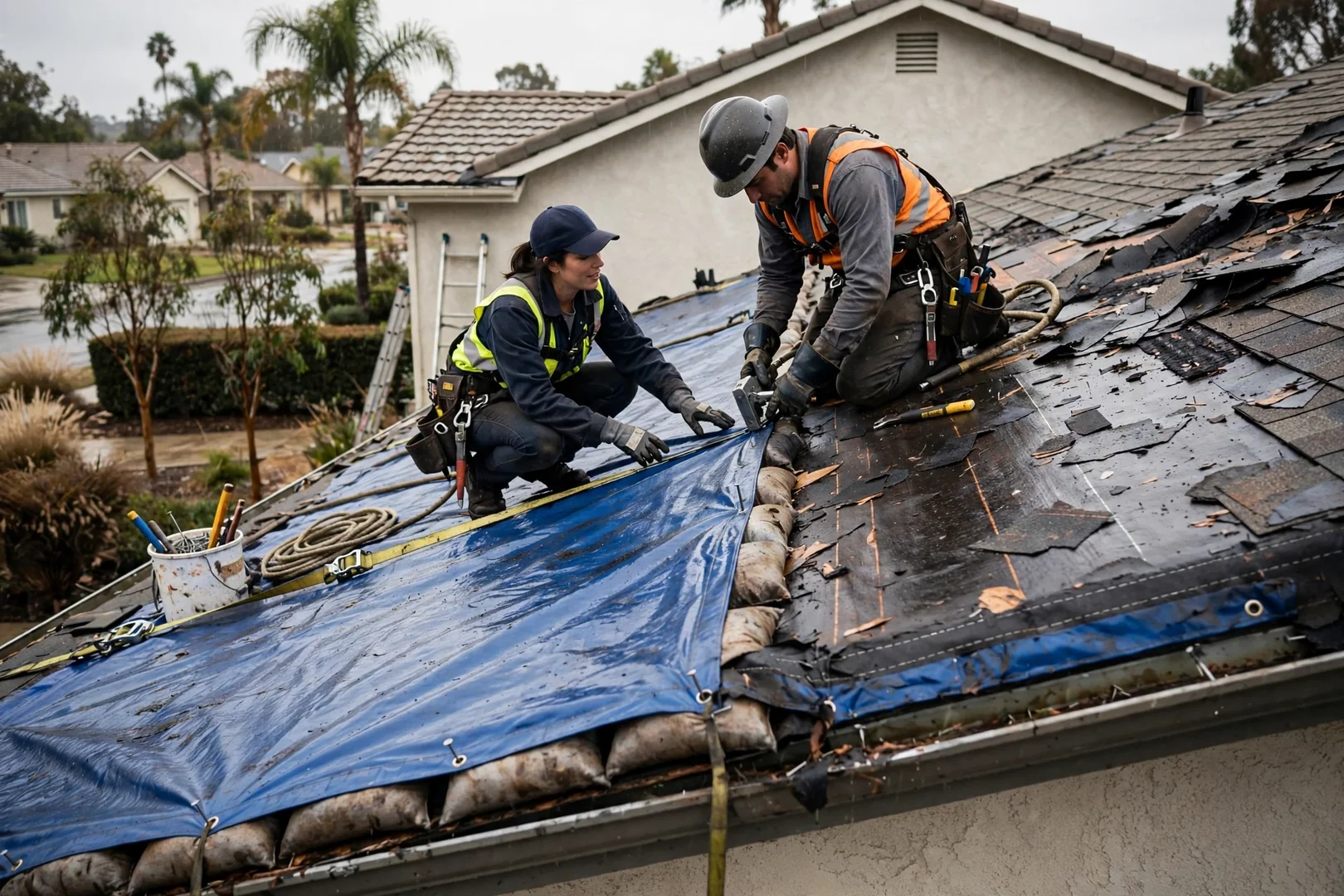 Reinforced tarp fastened over a damaged roof slope after wind-driven rain