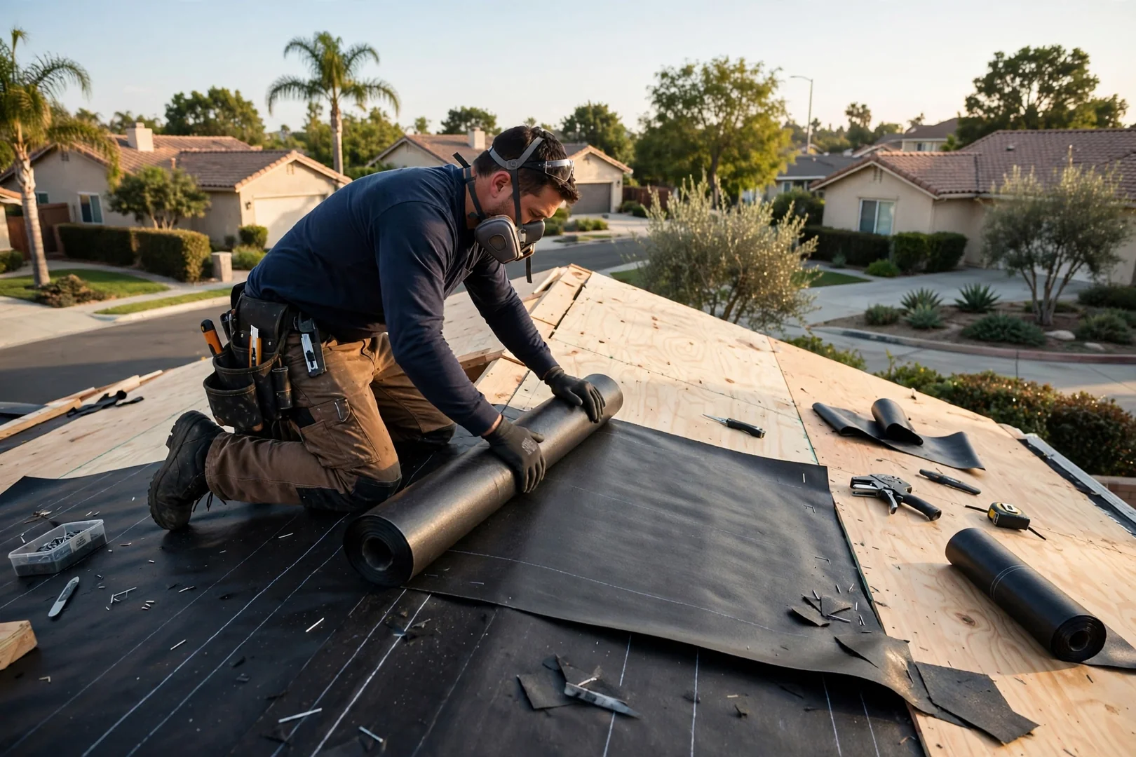 Roofer installing new underlayment over replaced decking on a residential roof