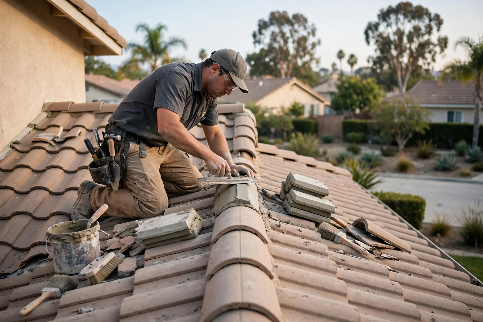 Reset concrete tile and ridge caps matching the original roof profile
