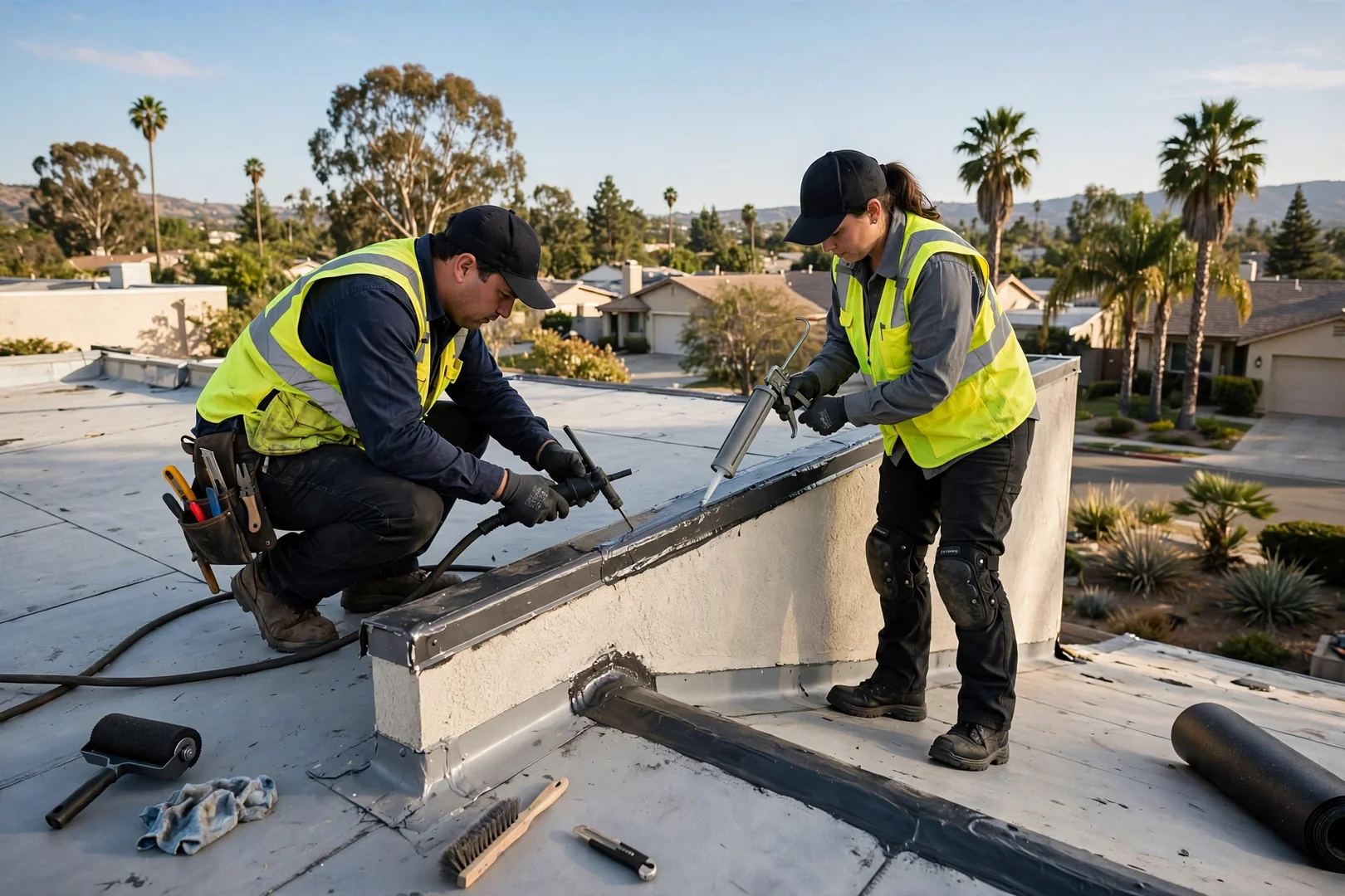 Low-slope commercial membrane seam repair with parapet flashing resealed